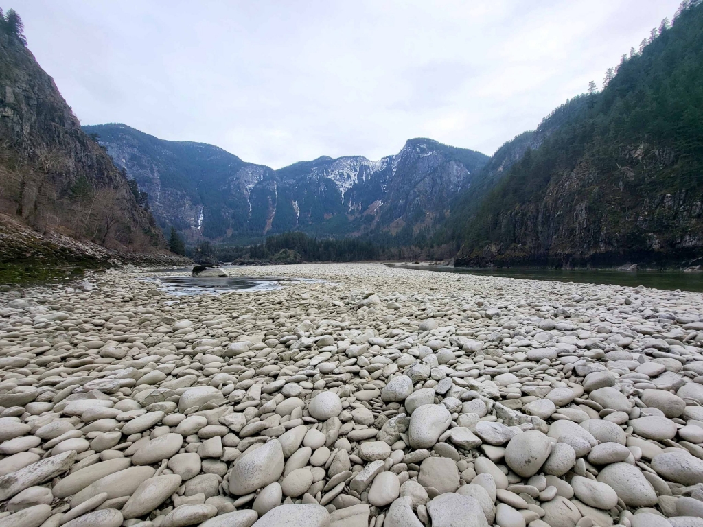 Large rock bed with mountainous background.